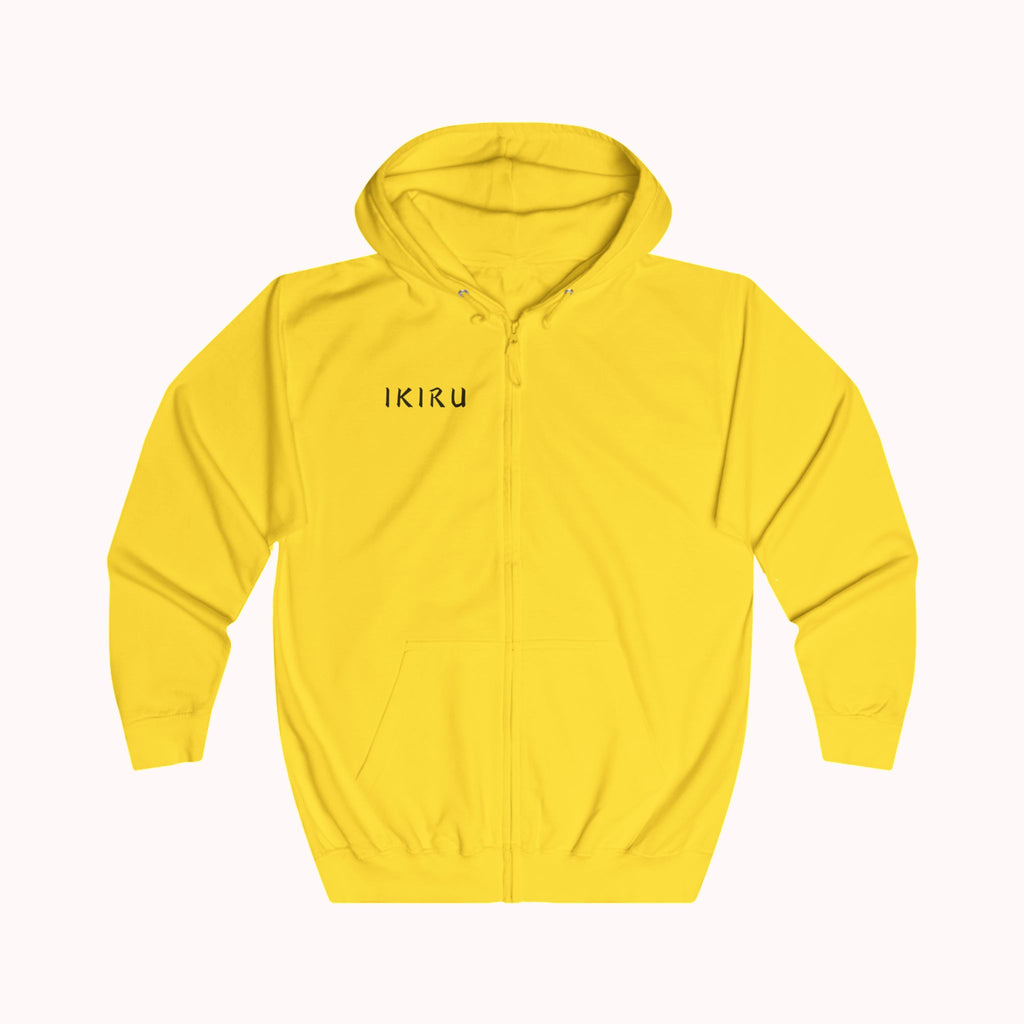 Yellow hoodie with 'IKIRU' branding on a white background