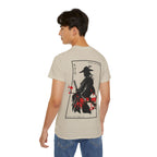 Person wearing a beige t-shirt with a japanese samurai and blossom graphic design from 'IKIRU CLOTHING' on a white background