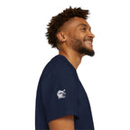 Man wearing a navy blue t-shirt with an IKIRU logo on the sleeve against a white background