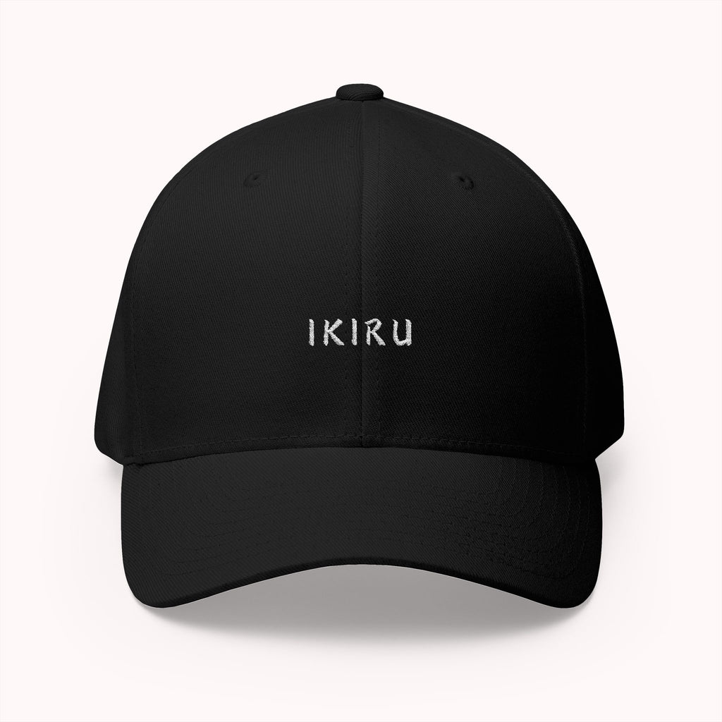 Black cap with IKIRU branding on a white background