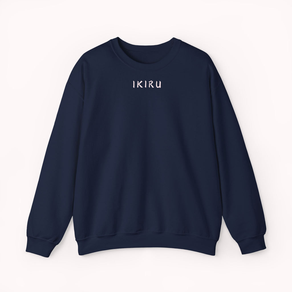 Navy sweatshirt with a small ikiru logo on a white background