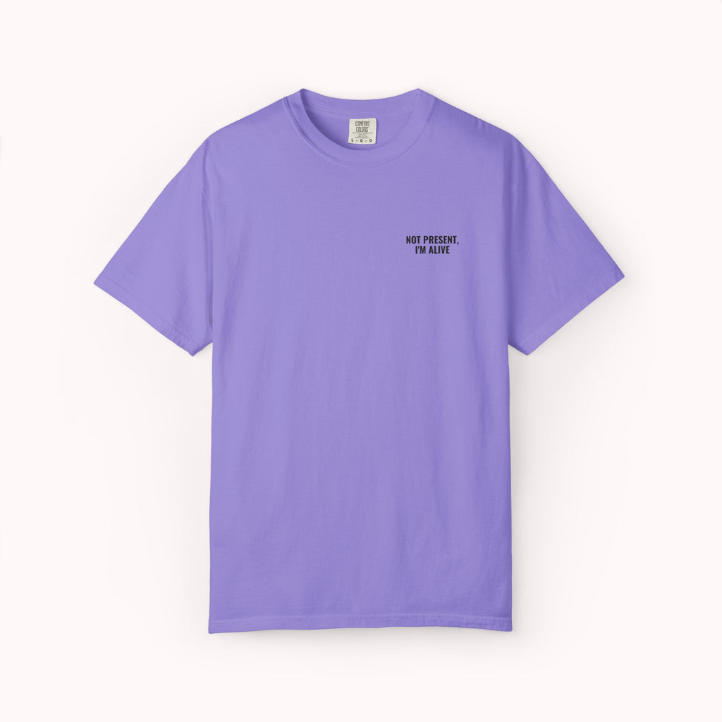 Purple t-shirt with text on a white background