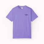 Purple t-shirt with text on a white background