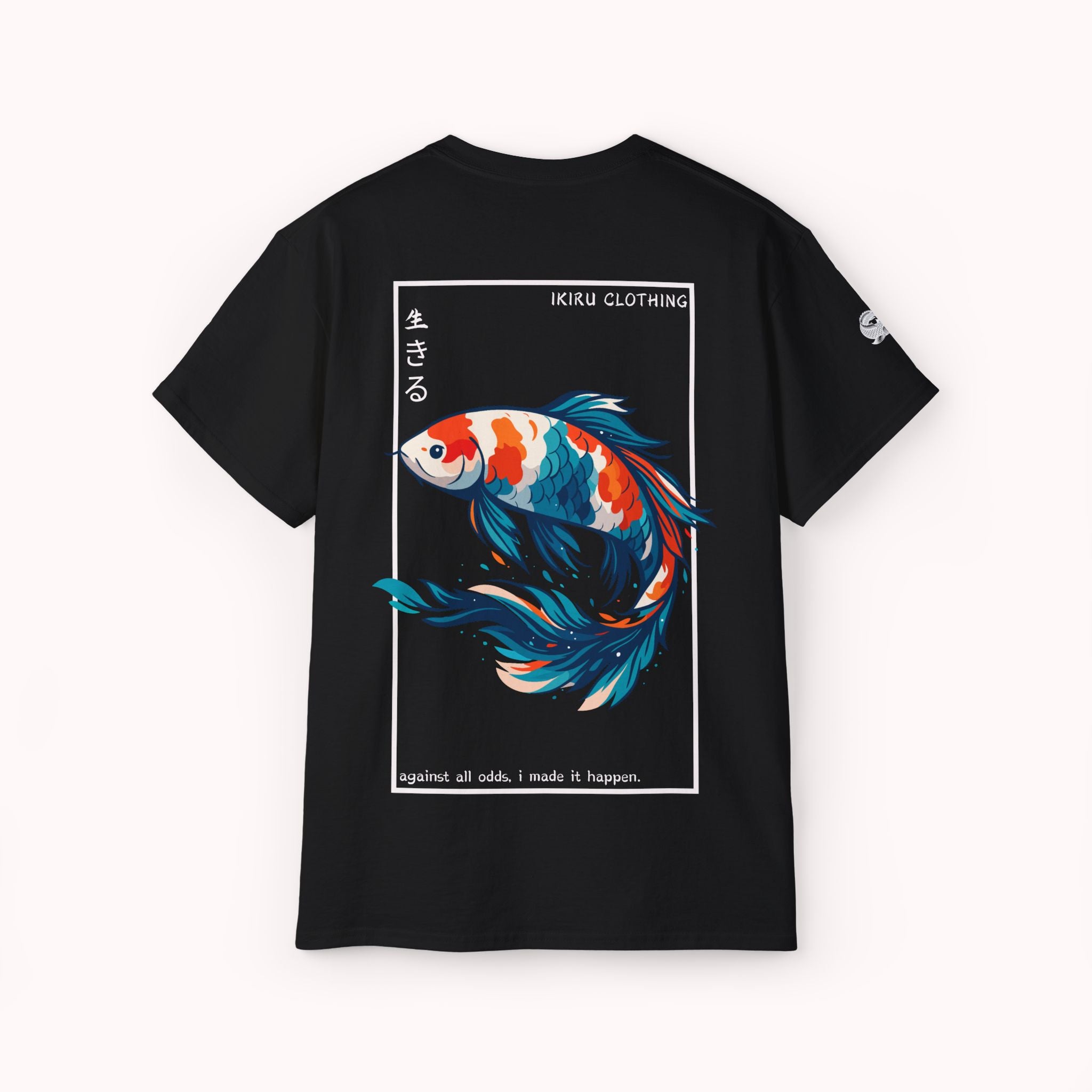 Black t-shirt with a colorful koi fish design and 'IKIRU CLOTHING' branding on a white background