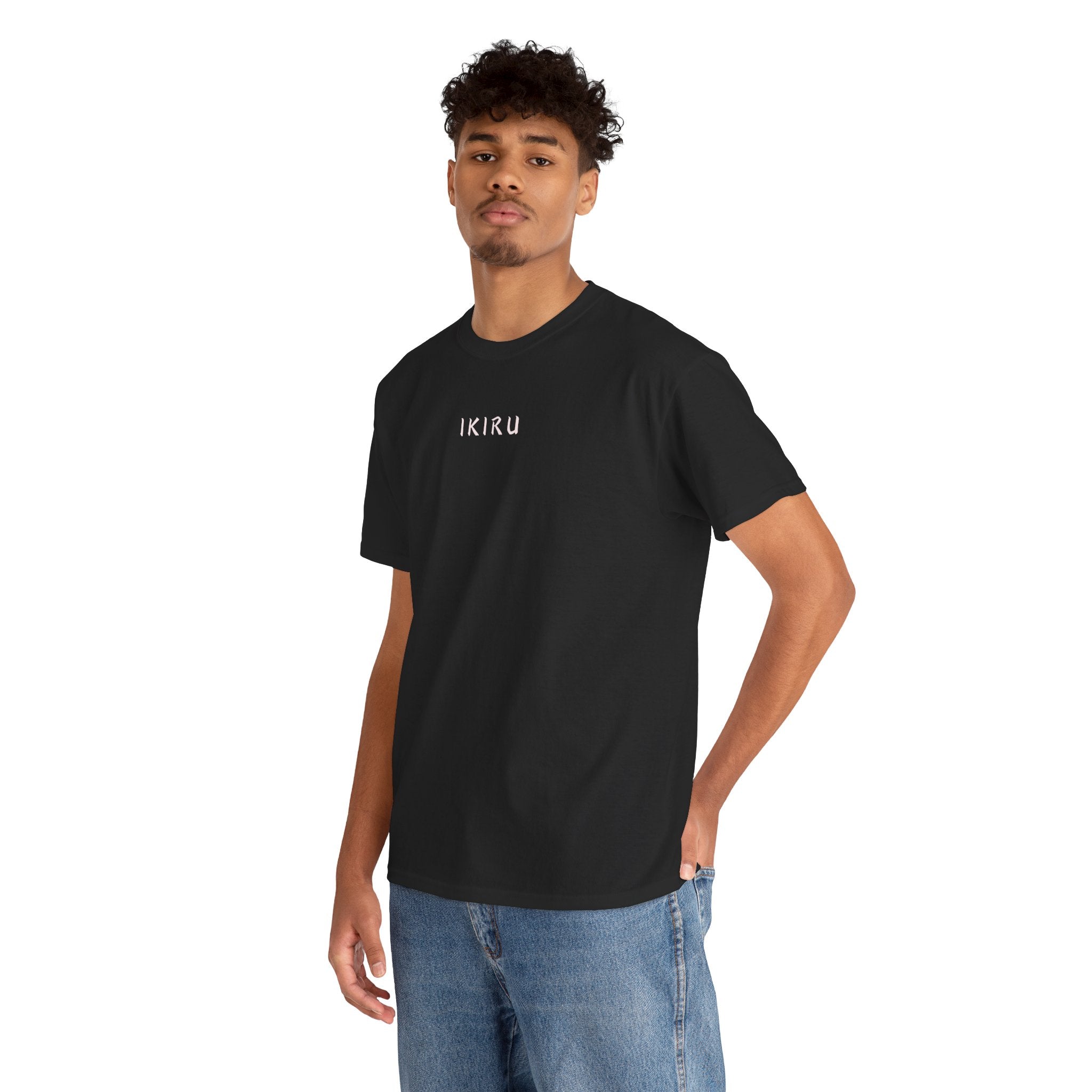 Person wearing a black t-shirt with an IKIRU design on a white background