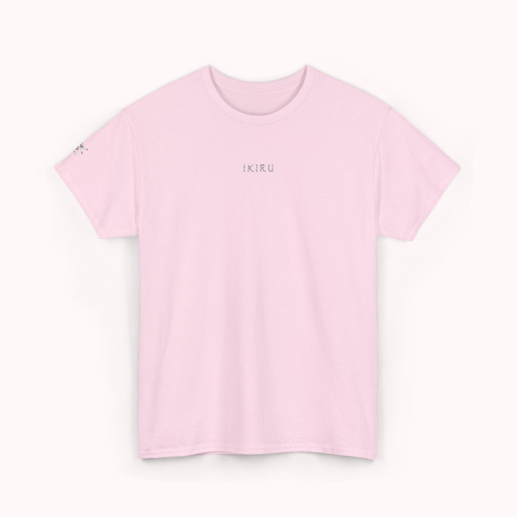 Pink t-shirt with 'IKIRU' logo on a white background