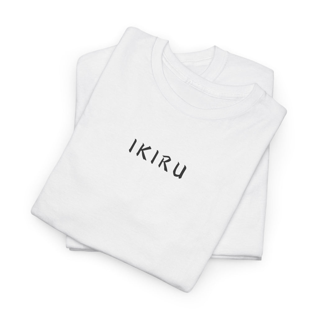 Stack of white t-shirts with 'IKIRU' logo on a white background