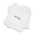 Stack of white t-shirts with 'IKIRU' logo on a white background
