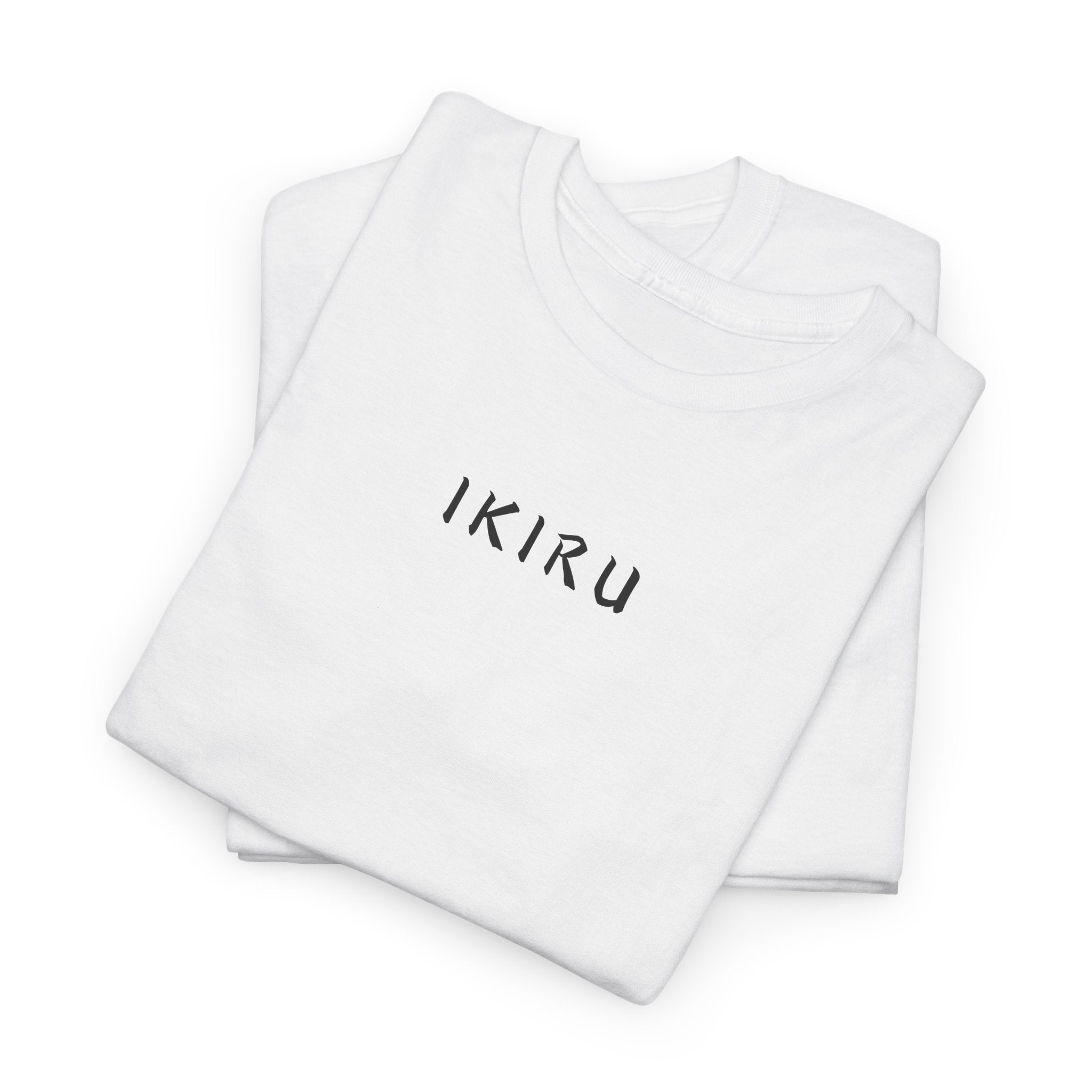 Stack of white t-shirts with 'IKIRU' logo on a white background