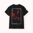 Black t-shirt with red and white graphic design on a white background