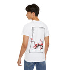 Person wearing a white t-shirt with Japanese cherry blossom design from 'IKIRU CLOTHING' on a white background