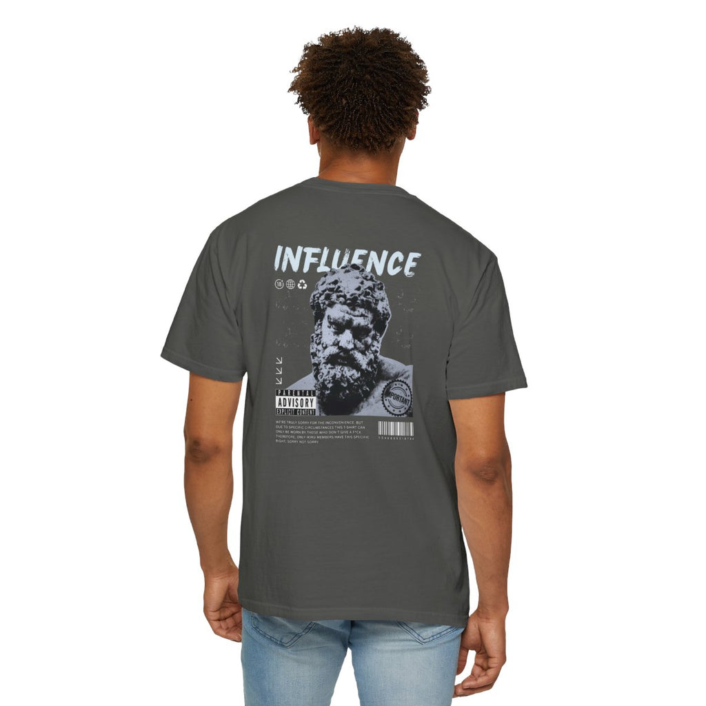 Person wearing a gray t-shirt with 'INFLUENCE' design on the back, standing against a white background.