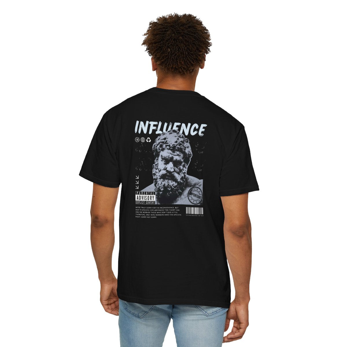 Person wearing a black t-shirt with 'INFLUENCE' text and graphic on the back, on a white background