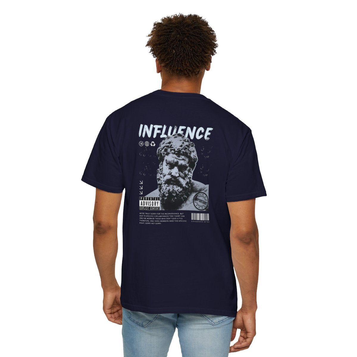 Person wearing a black t-shirt with an eagle design and text on the back, on a white background